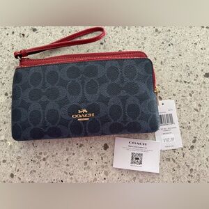 Coach Navy Signature Canvas Double Zip Denim Wristlet
